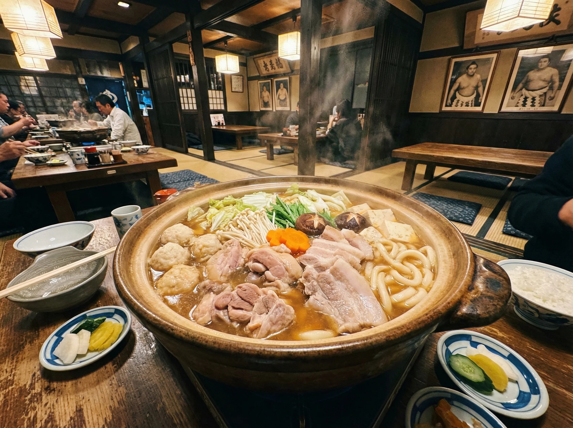 Ryogoku chanko nabe restaurant showing authentic sumo wrestler stew hot pot