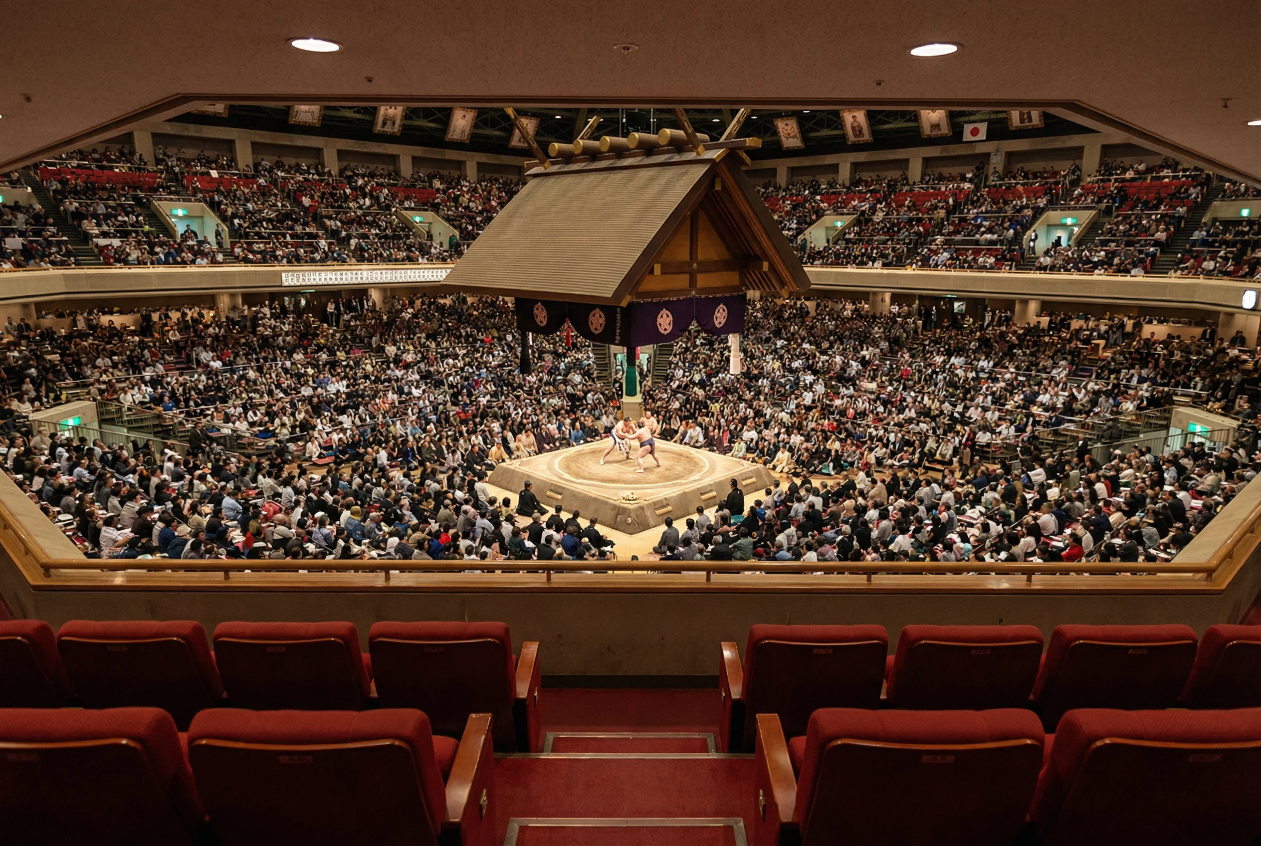 Ryogoku Kokugikan balcony seats panoramic view showing entire sumo ring and arena