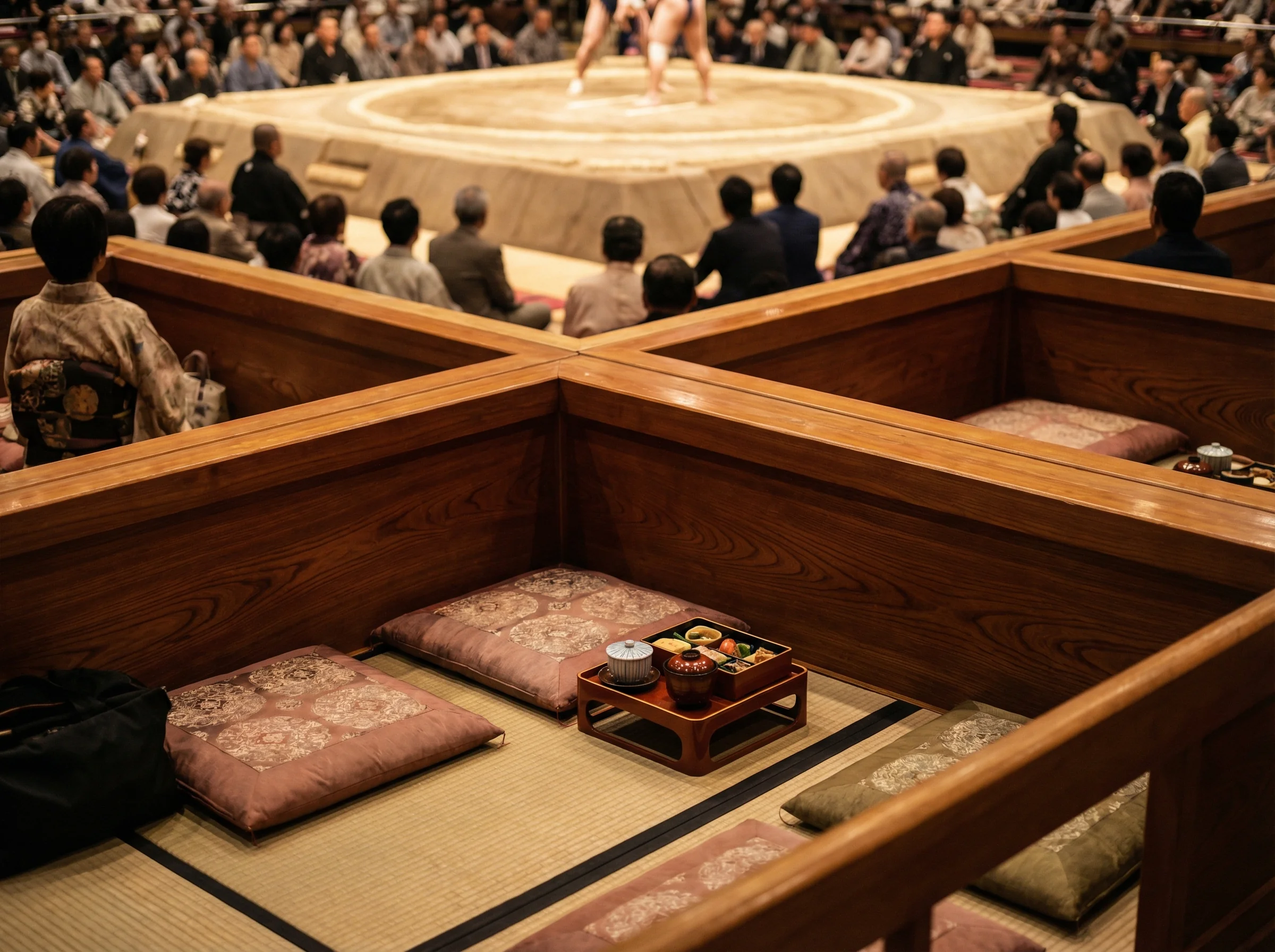 Ryogoku Kokugikan traditional masu box seats view from ringside showing authentic sumo experience