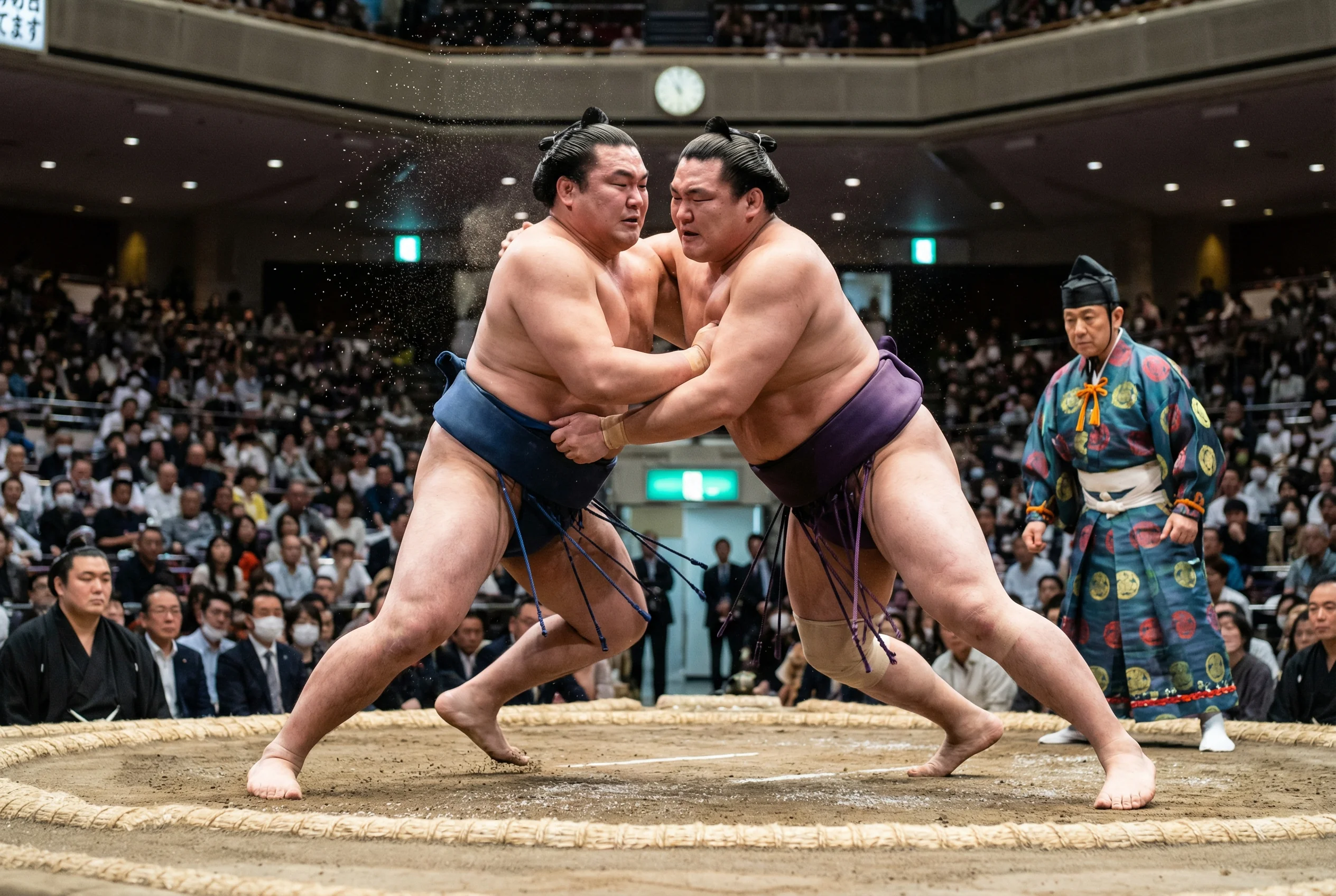 Ryogoku Kokugikan sumo match action showing two wrestlers competing in ring close-up