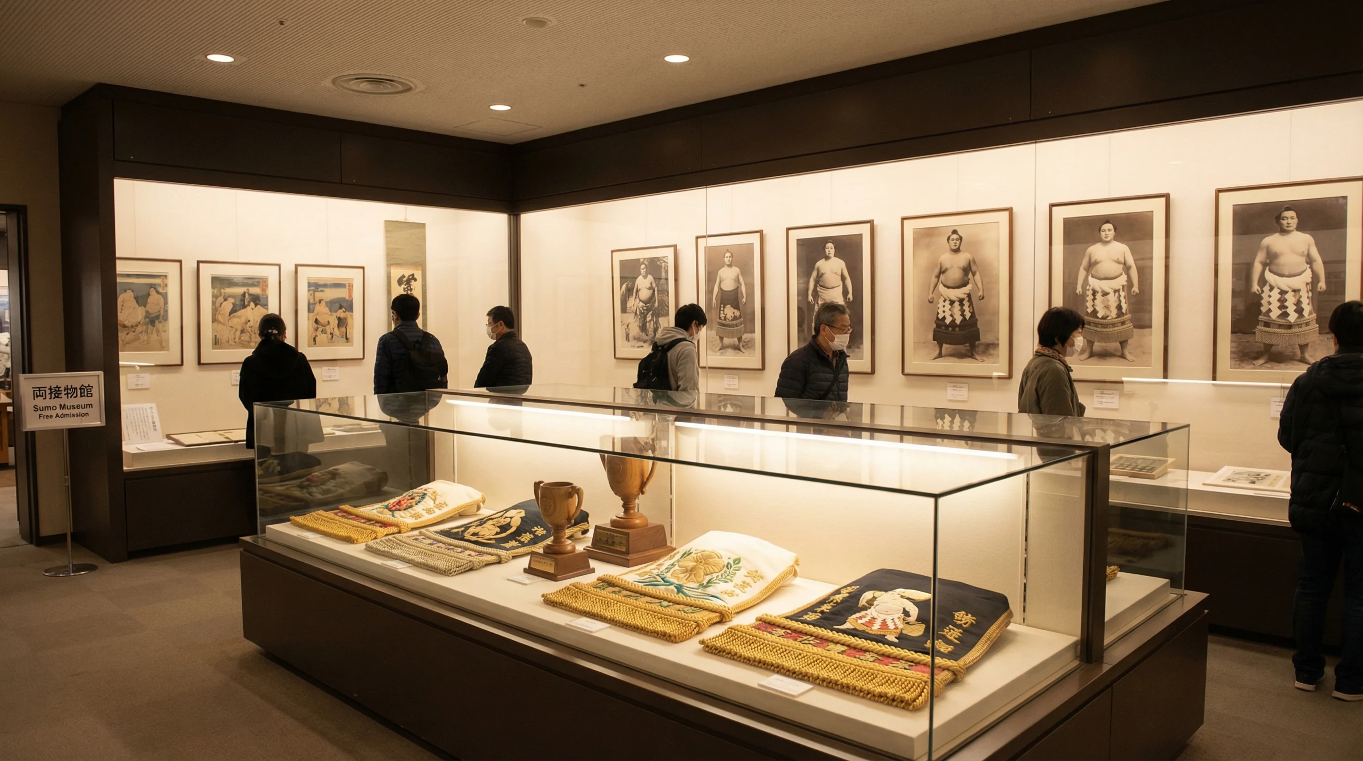 Ryogoku Kokugikan sumo museum exhibits showing historical artifacts and wrestler memorabilia