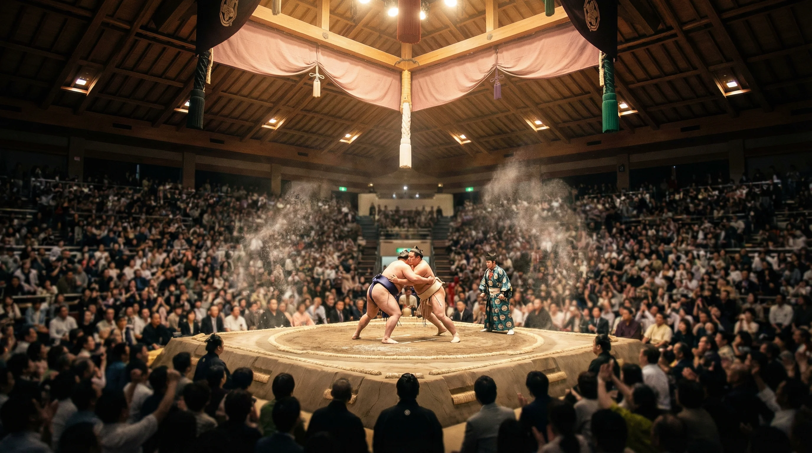 Ryogoku Kokugikan grand sumo tournament Tokyo Japan - packed arena during championship match