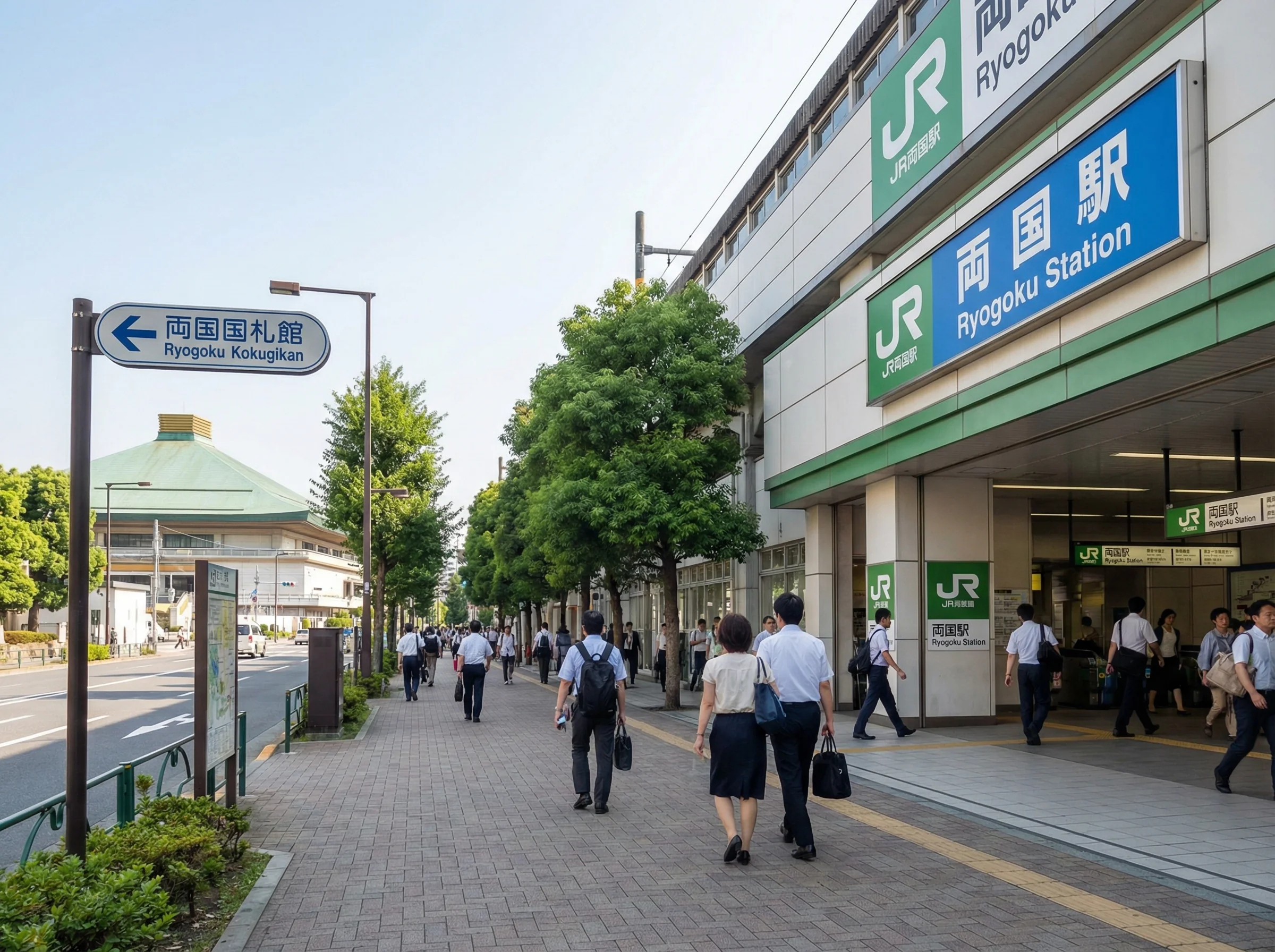 JR Ryogoku Station exit showing directions to Ryogoku Kokugikan 2 minute walk
