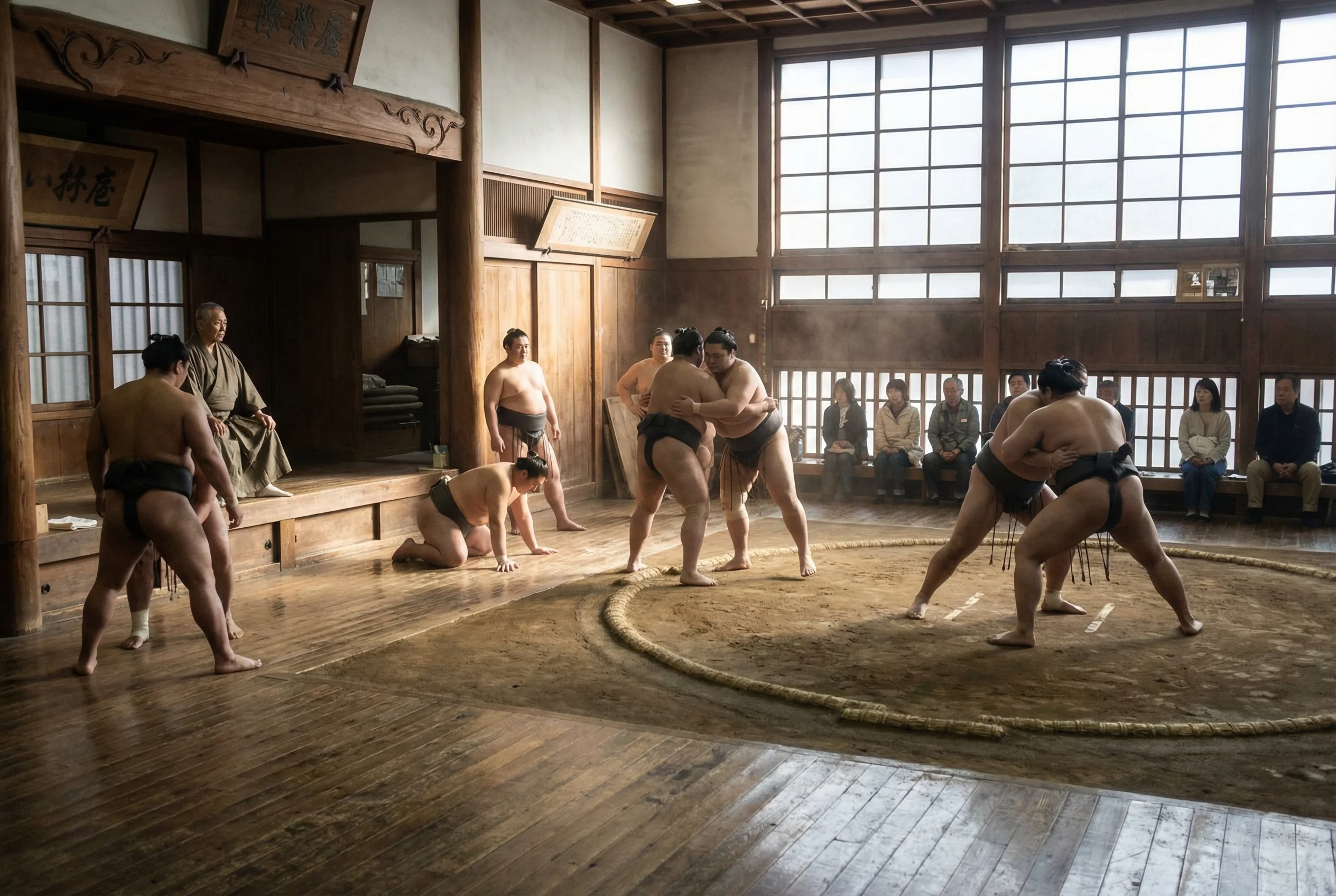 Ryogoku sumo morning practice asageiko session showing wrestlers training at stable