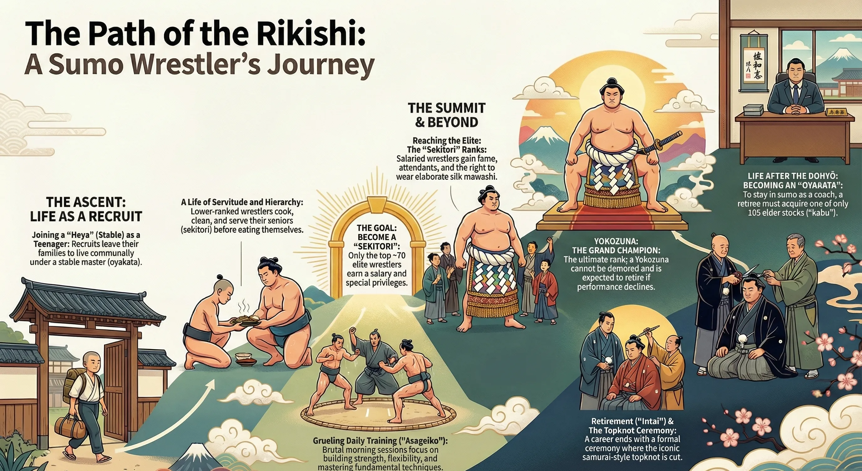 Sumo wrestlers path and career progression showing the journey from apprentice to yokozuna